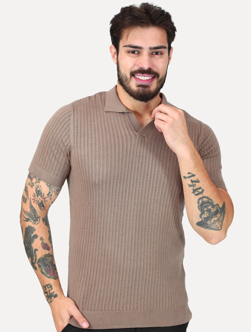 Tricô Dixen Manga Curta Gola Polo Marrom
