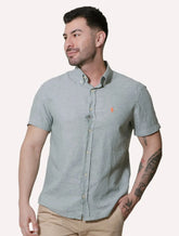 Camisa Ralph Lauren Masculina Manga Curta Linho Orange Icon Verde Mescla