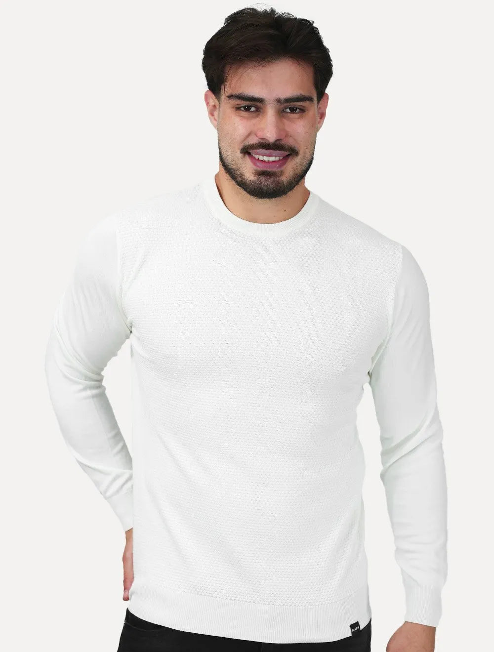 Suéter Dixen Masculino Tricot Manga Longa Frente Texturizada Branca