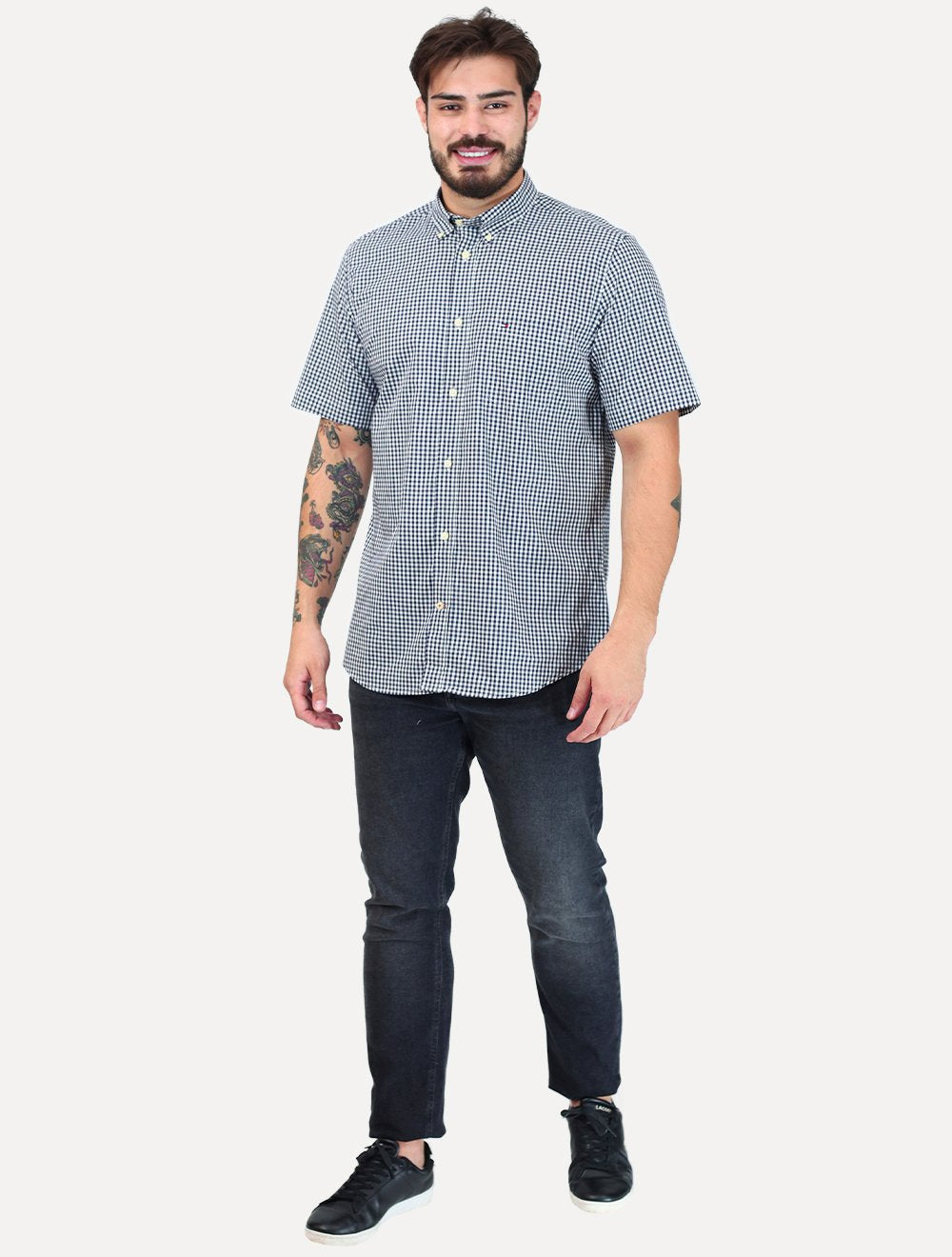 Camisa Tommy Hilfiger Masculina Manga Curta Pocket Gingham Preta