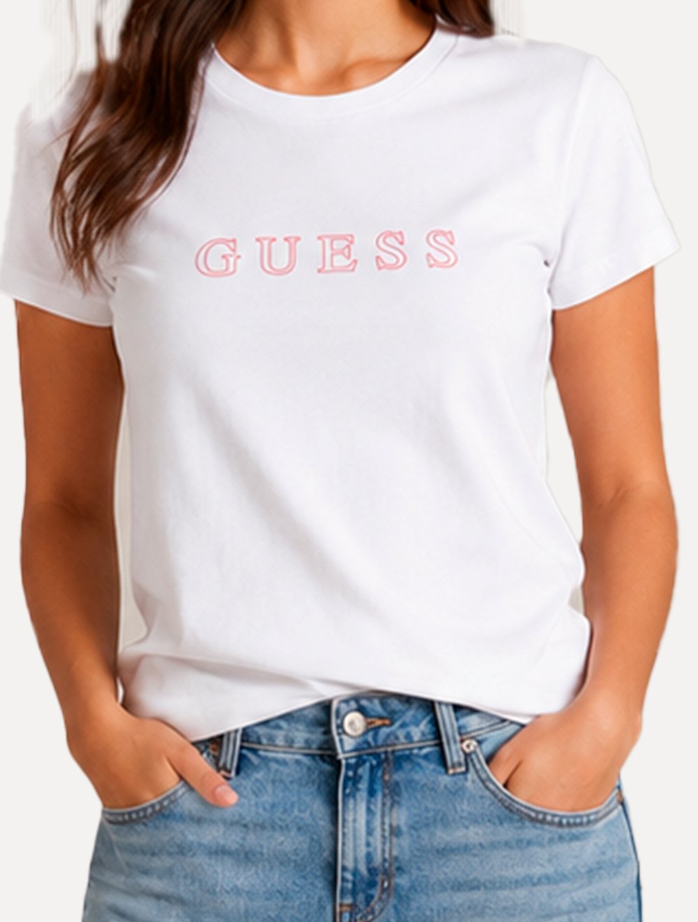 Camiseta Guess Feminina Outline Red Logo Branco