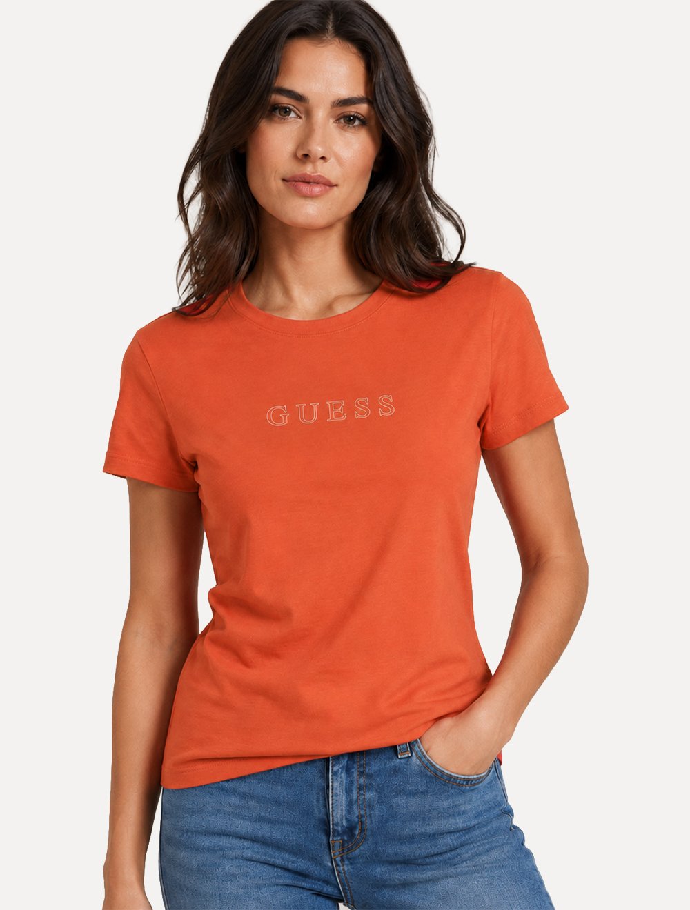 Camiseta Guess Feminina Outline White Logo Laranja