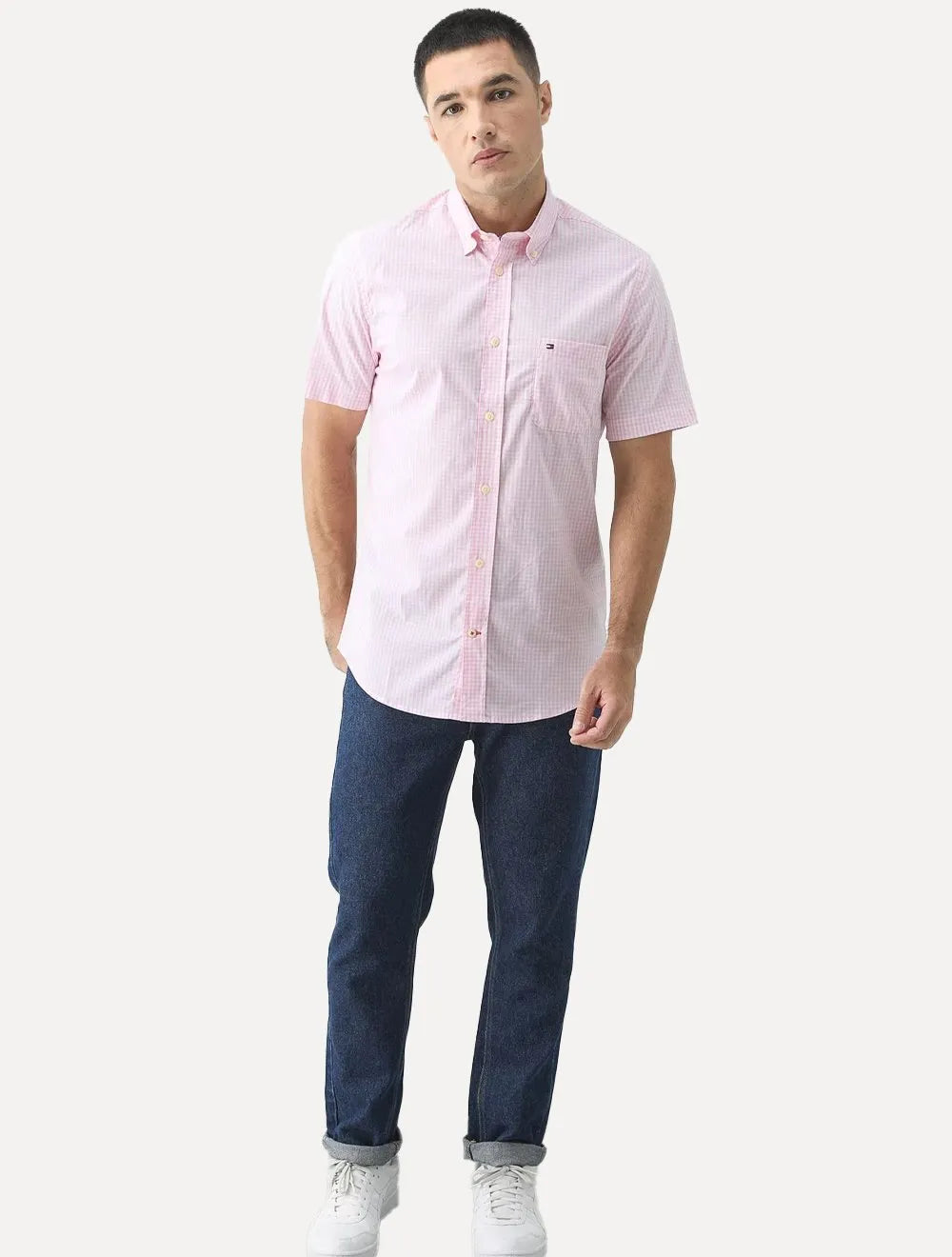 Camisa Tommy Hilfiger Masculina Manga Curta Xadrez Gingham Branca/Rosa Claro