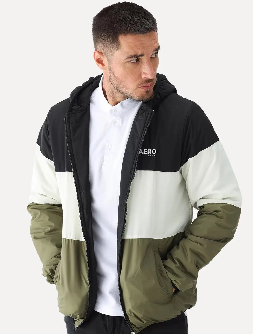 Jaqueta Aeropostale Masculina Dupla Face Nylon Colorblock Preta/Branca/Militar