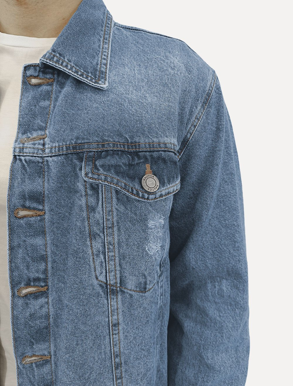 Jaqueta Nautica Masculina Jeans Destroyed Azul Médio