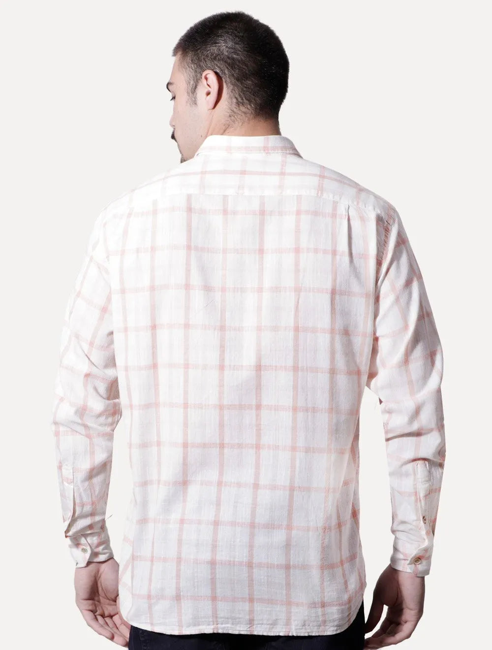 Camisa Dudalina Masculina Comfort Slub Cotton Xadrez Salmão Off-White