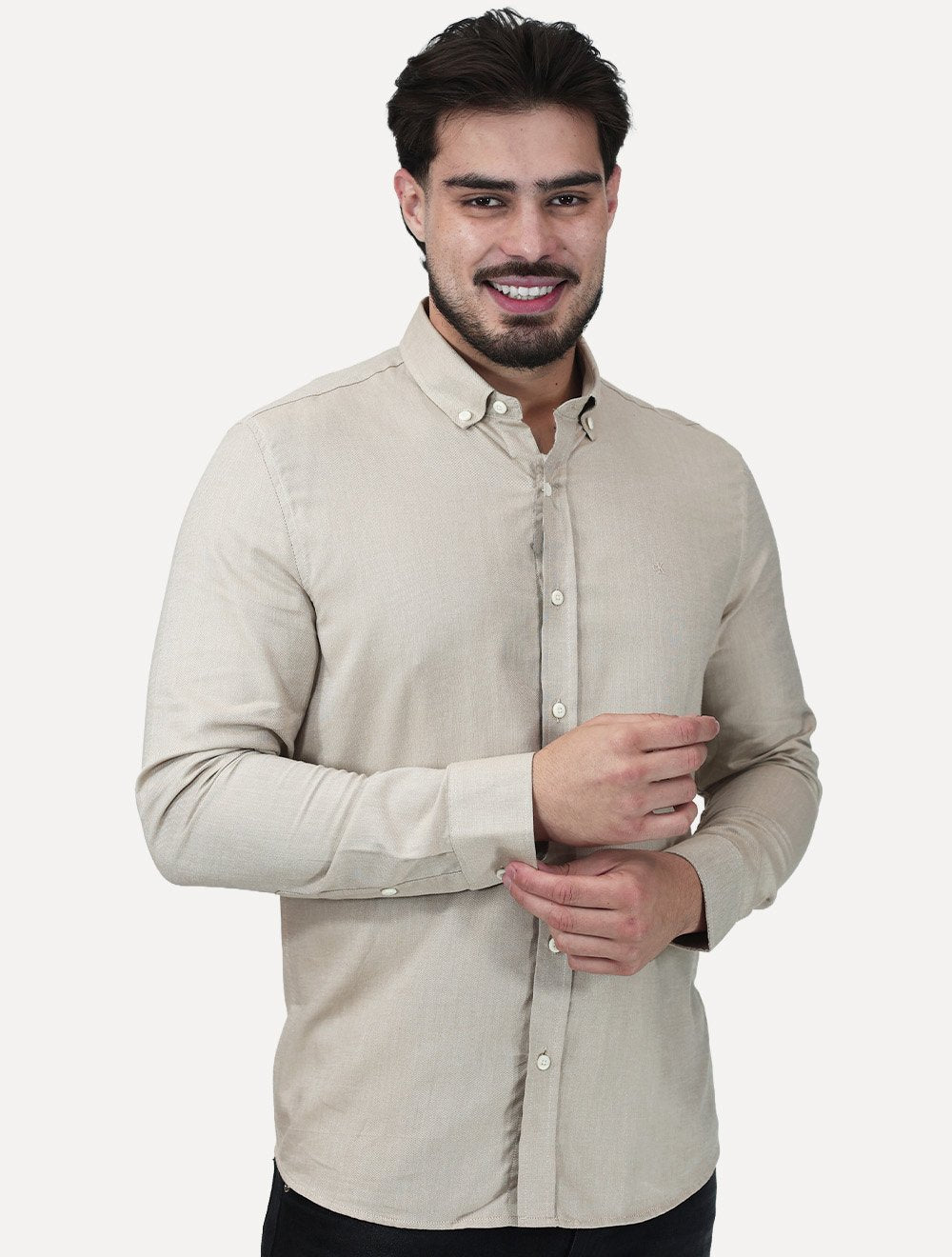 Camisa Calvin Klein Jeans Masculina Regular Oxford Leve Logo Cáqui Claro