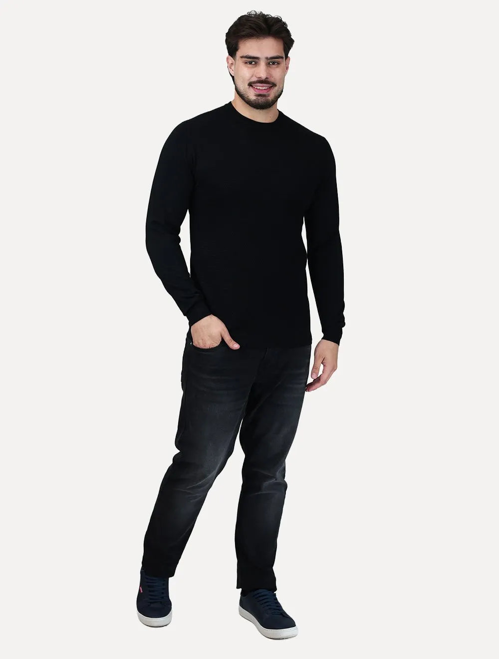 Suéter Dixen Masculina Tricot Manga Longa Frente Texturizada Preta