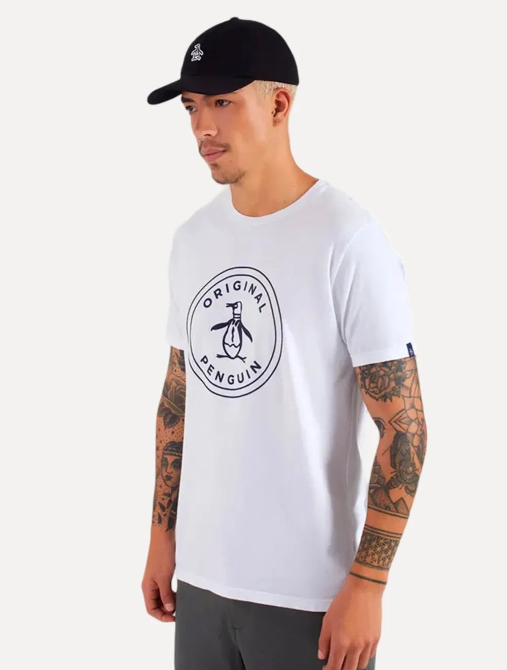 Camiseta Original Penguin Masculina Navy Circle Logo Branca