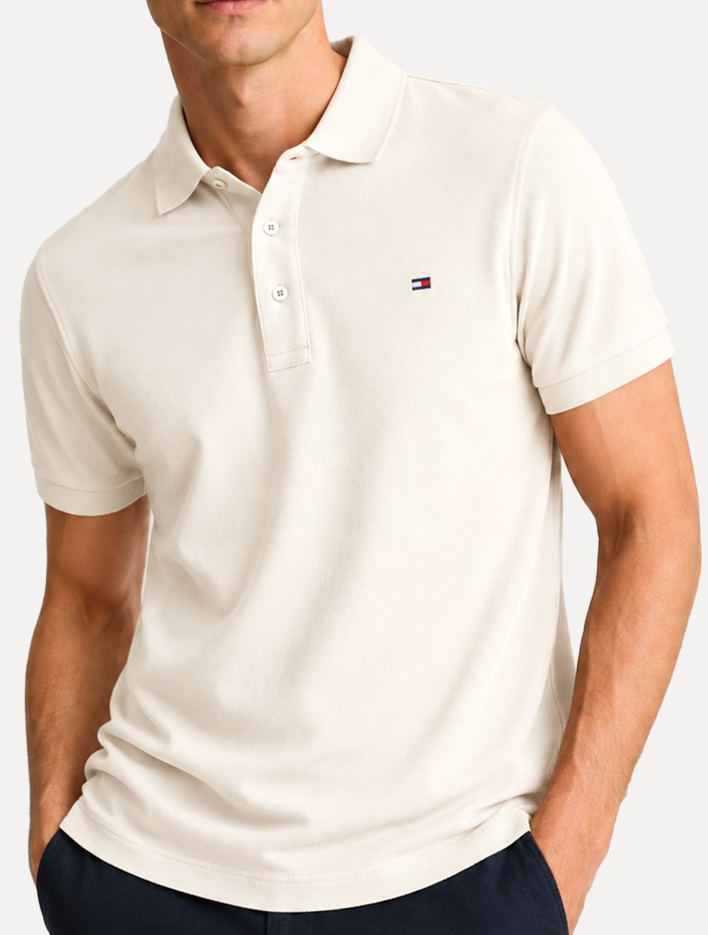Polo Tommy Hilfiger Masculina Slim Piquet 1985 Off White