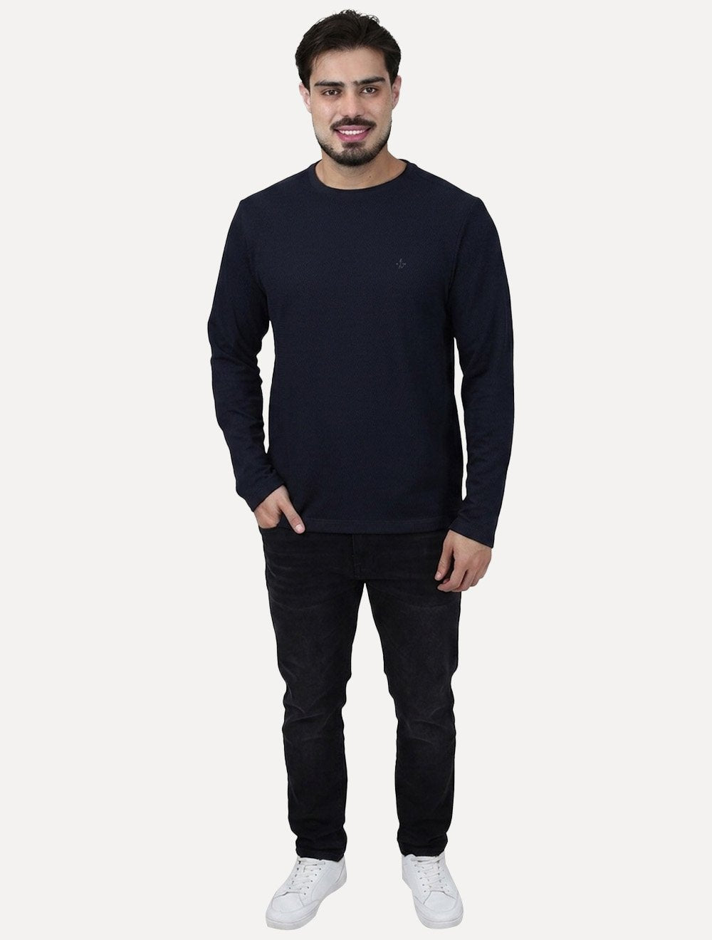 Camiseta Dudalina Masculino Manga Longa Malha Tricot Azul Marinho