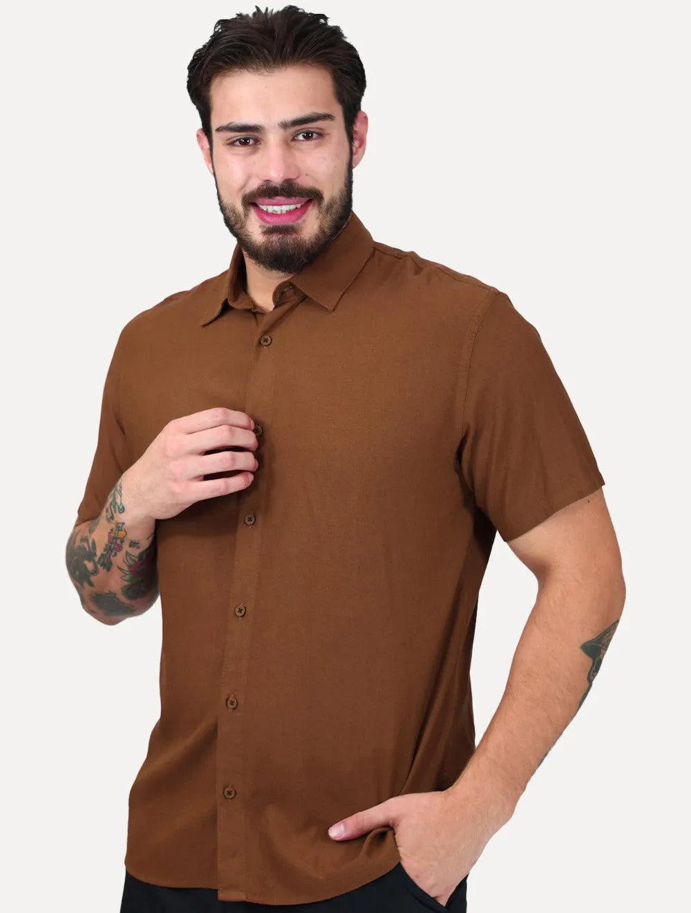 Camisa King & Joe Casual Linen Blend Marrom