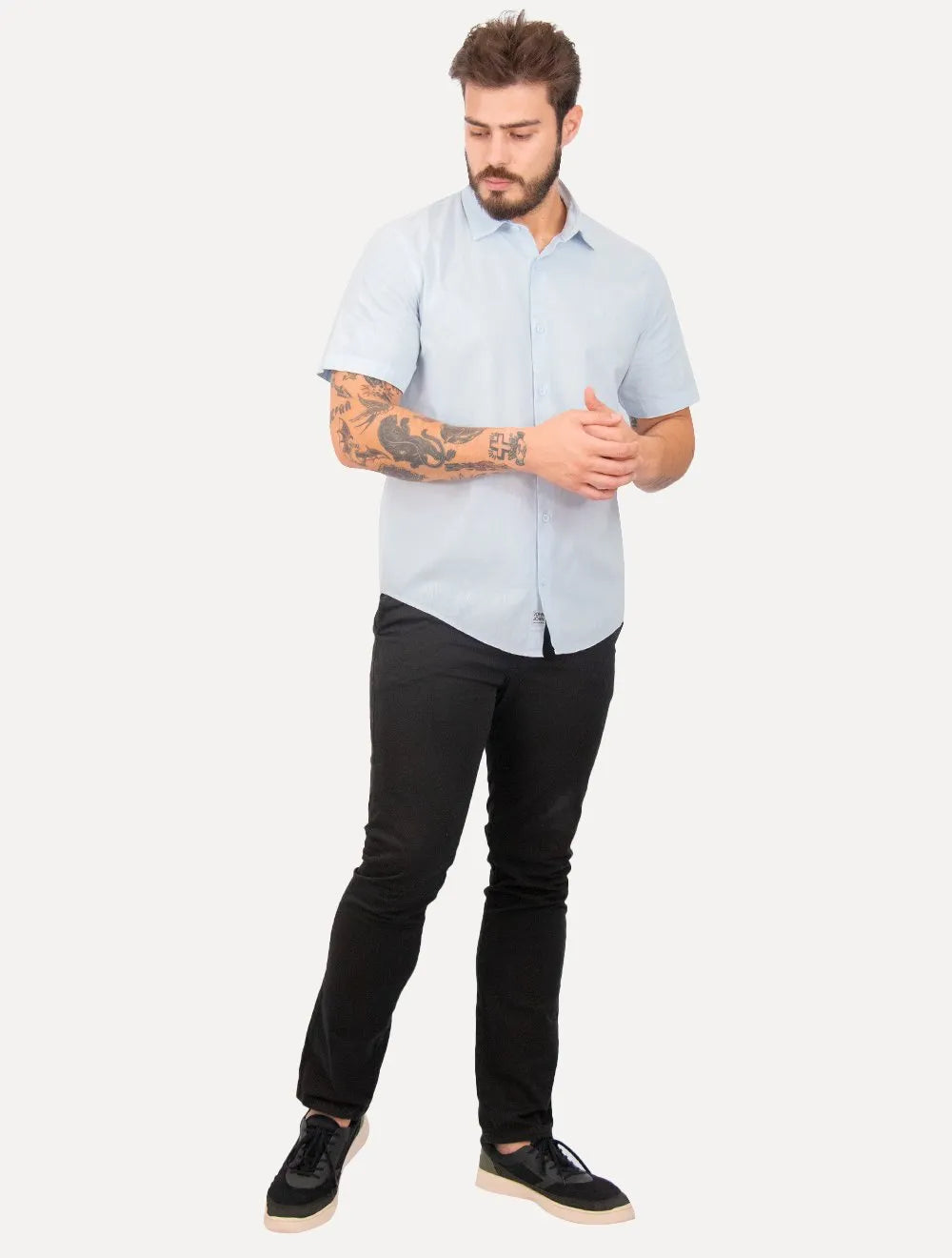 Camisa John John Masculina Regular Manga Curta Marc Linen Blend Azul Claro
