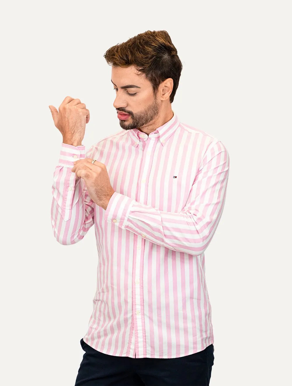 Camisa Tommy Hilfiger Masculina Oxford Slim Bold Stripe Rosa Claro