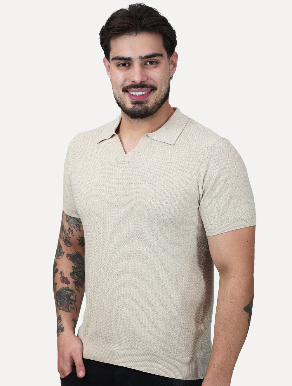 Polo Dixen Masculina Tricot Manga Curta Areia