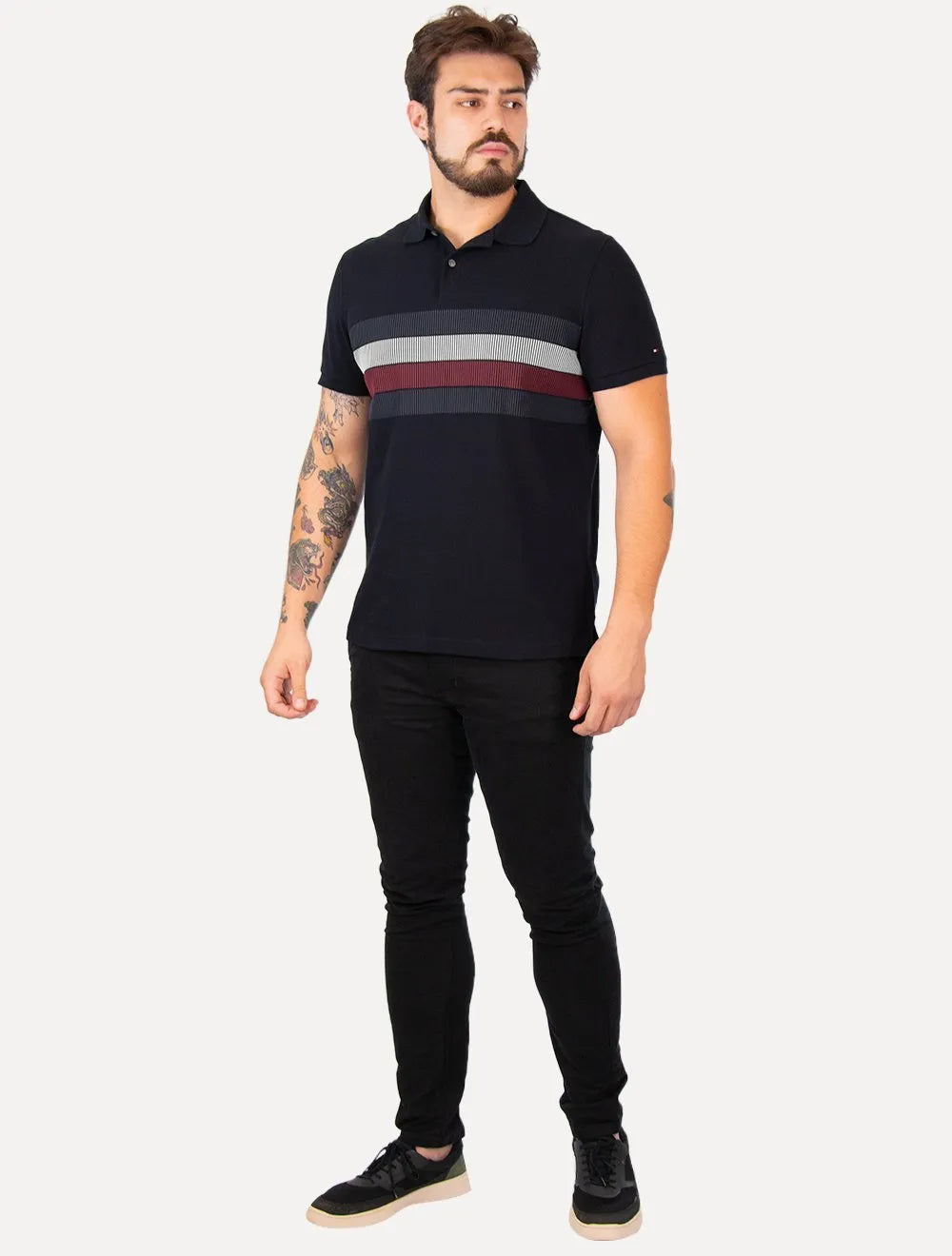 Polo Tommy Hilfiger Masculina Regular Shadow Global Stripe Azul Marinho