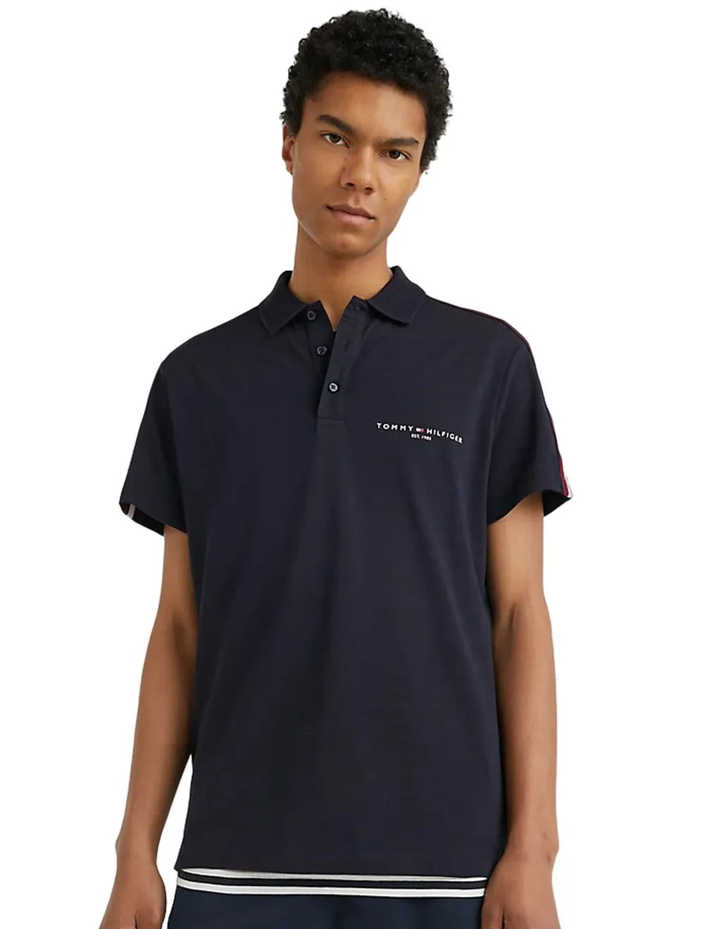 Polo Tommy Hilfiger Masculina Regular Global Stripe Shoulder Azul Marinho