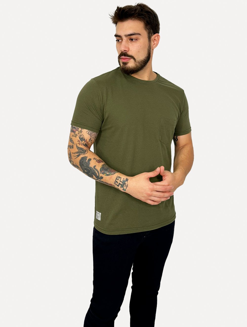 Camiseta King & Joe Masculina Slim Eco Crewneck Pocket Verde Militar