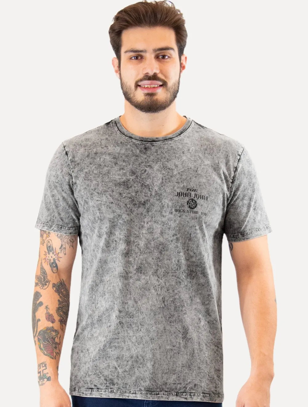 Camiseta John John Masculina Regular Vintage Rock Store Cinza Mescla
