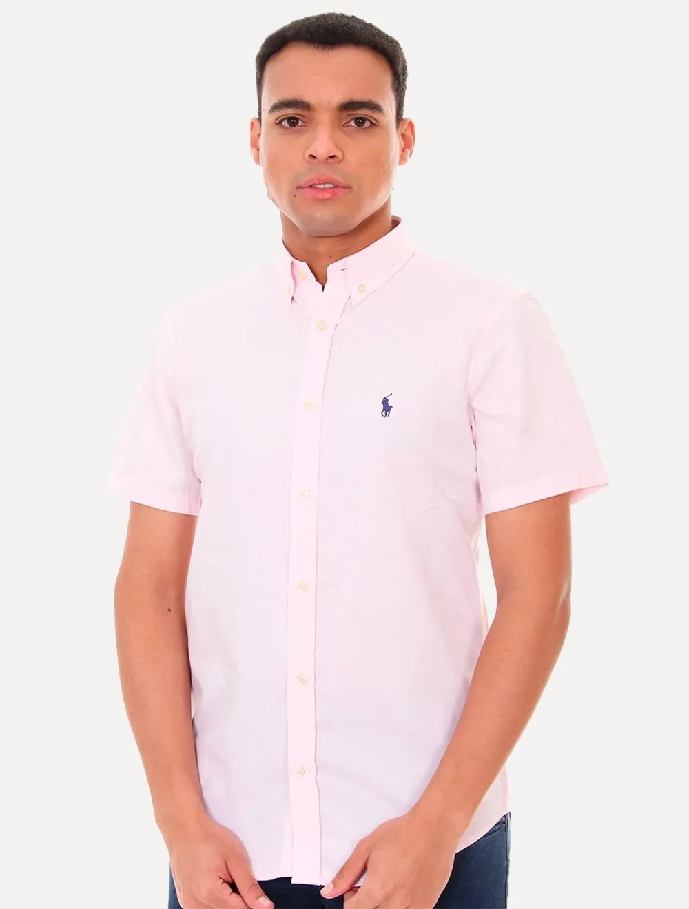 Camisa Ralph Lauren Masculina Manga Curta Custom Fit Oxford Rosa