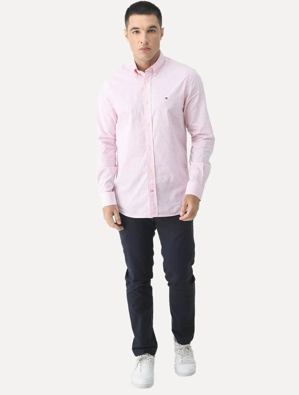 Camisa Tommy Hilfiger Masculina Xadrez Gingham Branca/Rosa Claro