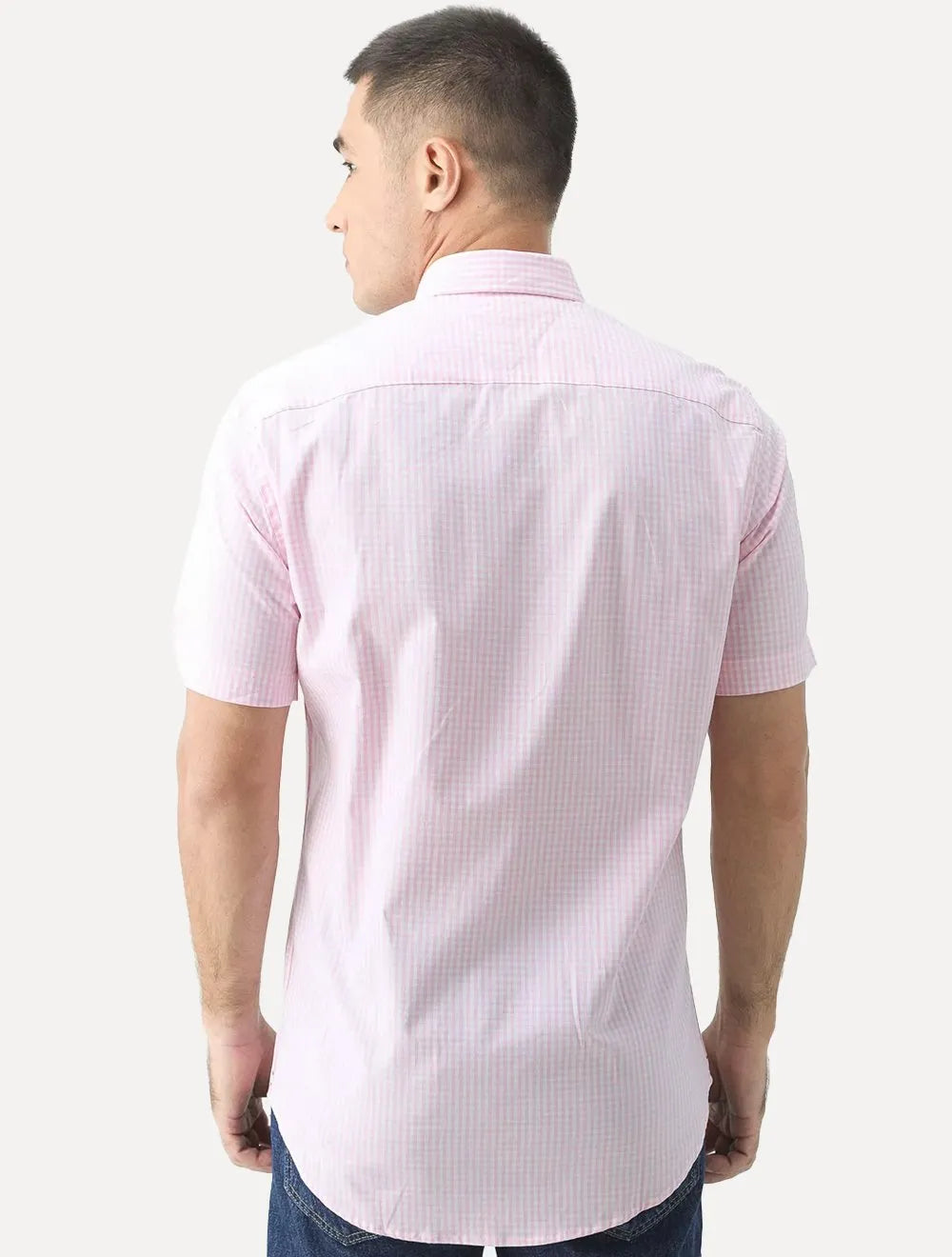 Camisa Tommy Hilfiger Masculina Manga Curta Xadrez Gingham Branca/Rosa Claro