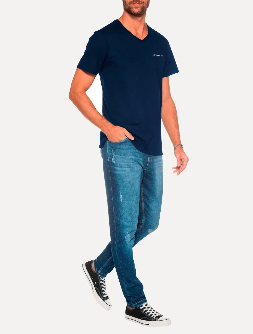 Camiseta Von der Volke Masculina Origineel V-Neck Basis Logo Azul Marinho