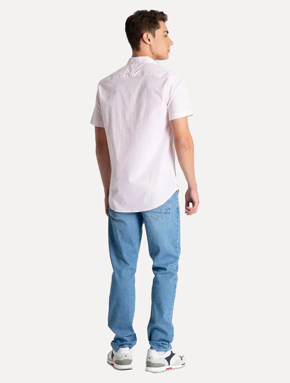 Camisa Tommy Hilfiger Masculina Manga Curta Regular Listrada Oxford Rosa Claro