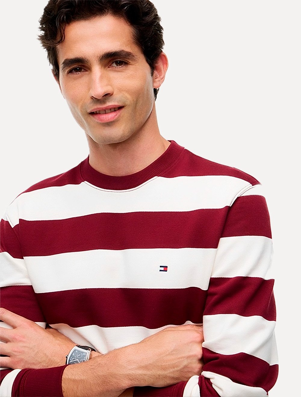 Moletom Tommy Hilfiger Masculino Crewneck Essential Terry Cáqui Claro/Bordô