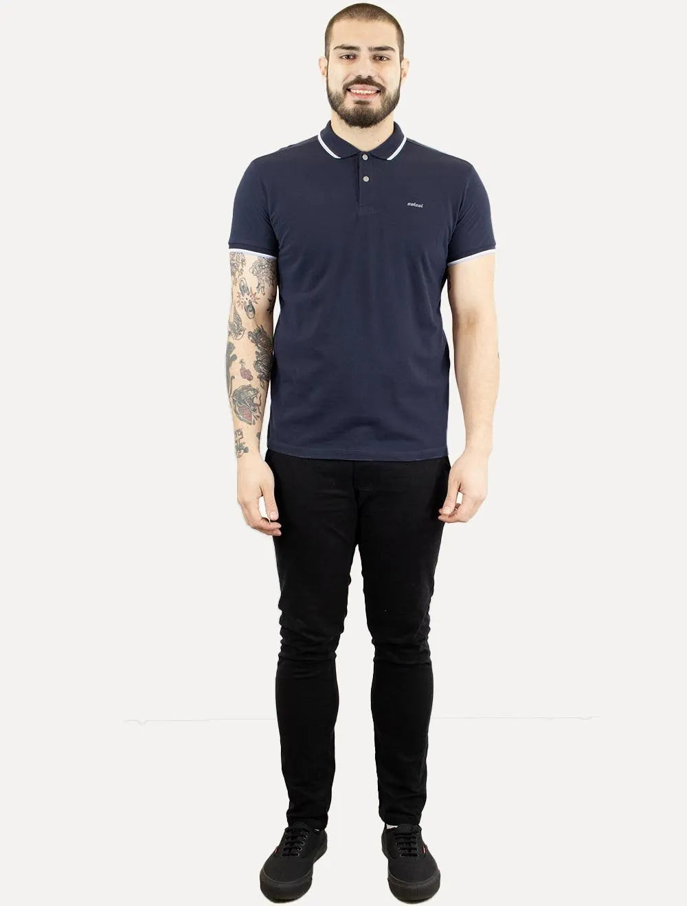 Polo Colcci Masculina Piquet Blue Frisos Simple Logo Azul Marinho