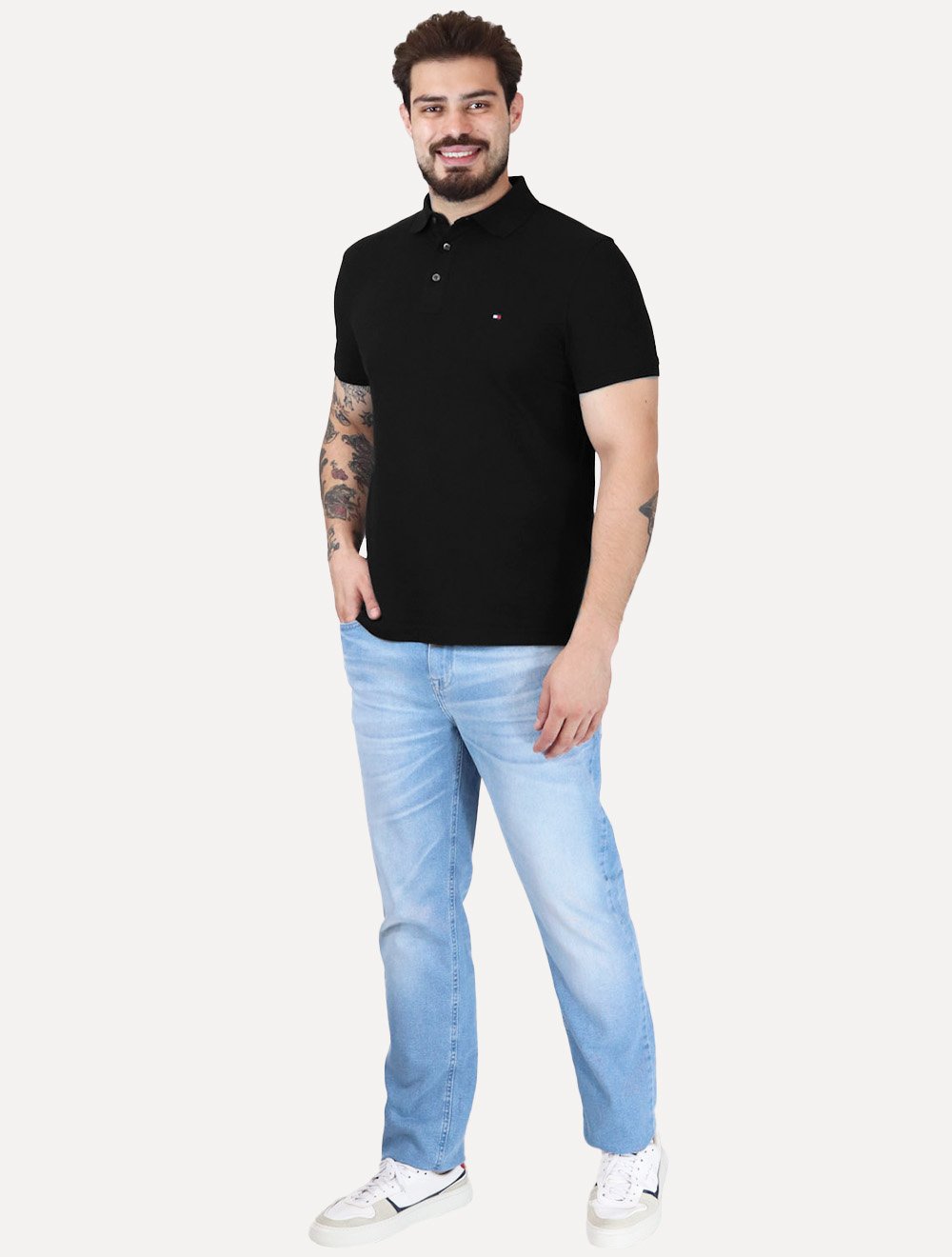 Polo Tommy Hilfiger Masculina Slim Piquet 1985 Preta