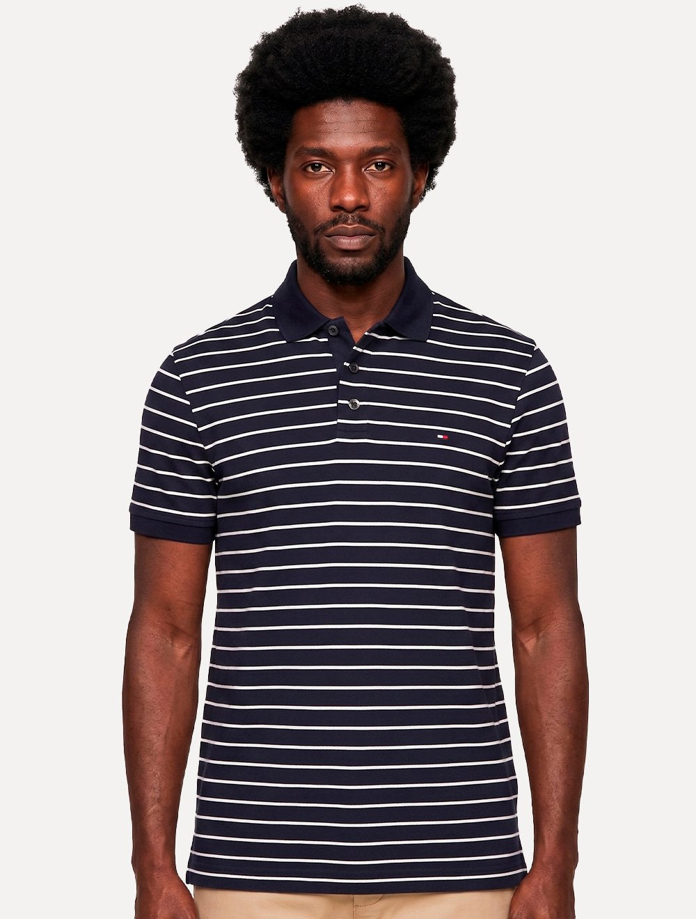 Polo Tommy Hilfiger Masculina Regular Piquet 1985 Listrada Azul/Branco