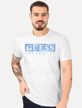 Camiseta Guess Masculina Logo Los Angeles Sky Block Branca