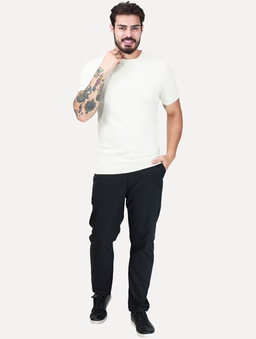Camiseta Dixen Masculina Tricot Manga Curta Gola Careca Textura Branco