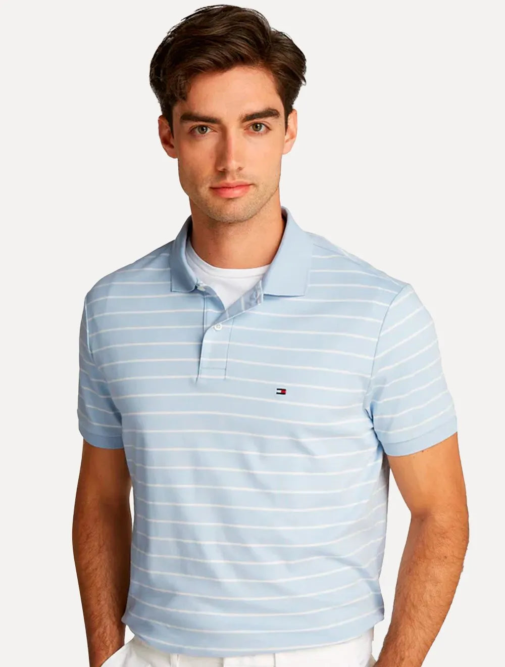 Polo Tommy Hilfiger Masculina Malha Liquid Cotton Seasonal Striped Azul Claro