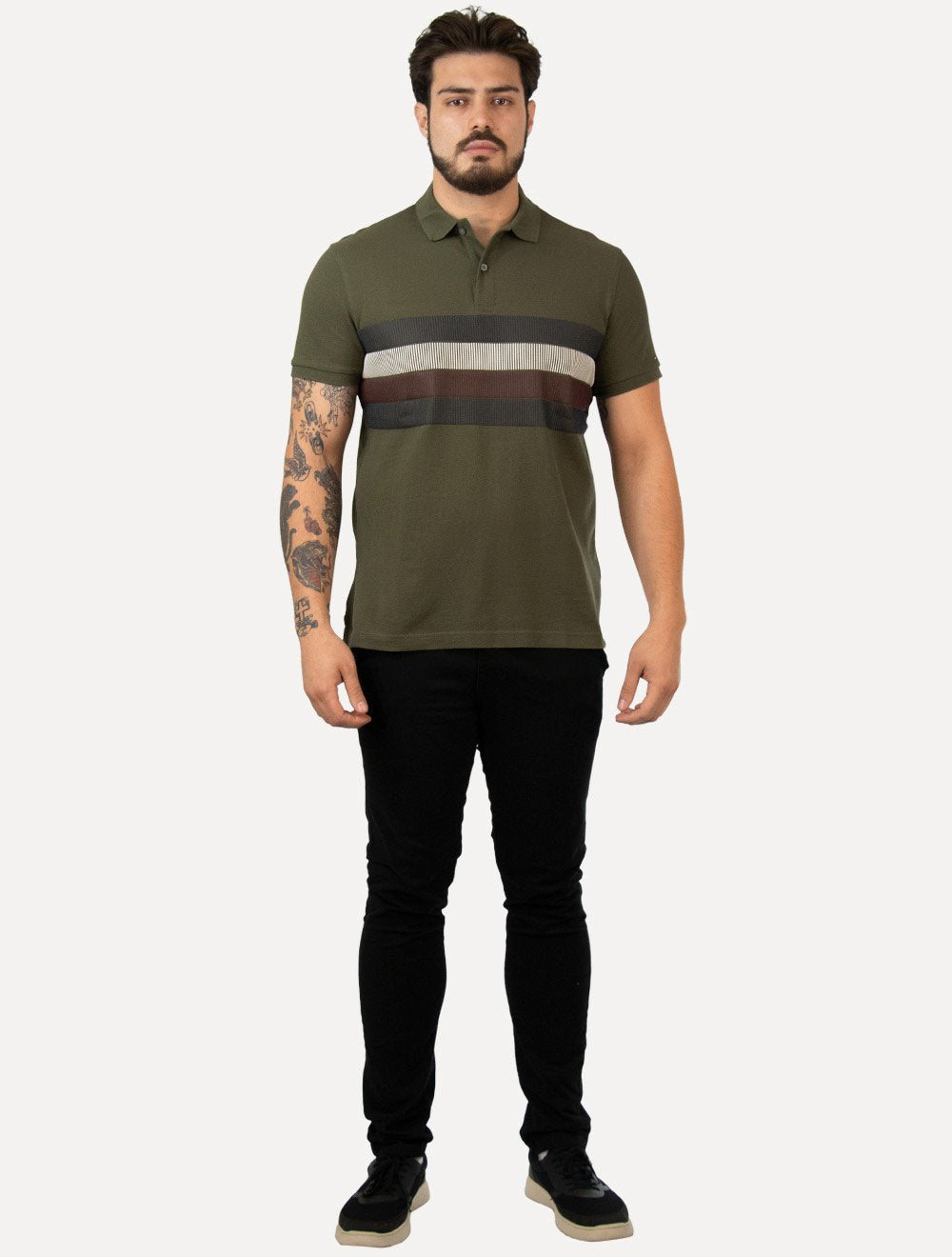 Polo Tommy Hilfiger Masculina Regular Shadow Global Stripe Verde Militar