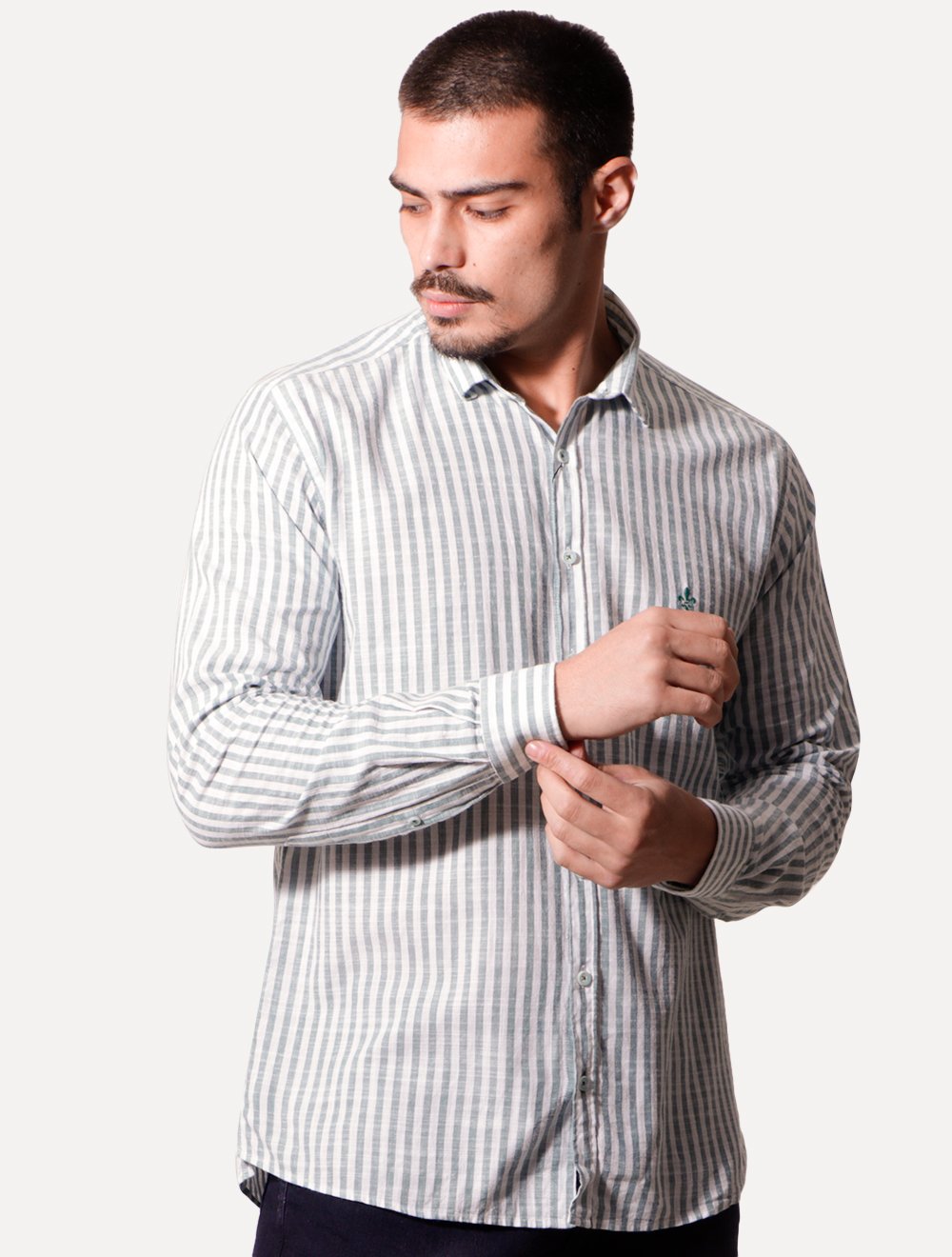 Camisa Dudalina Masculina Slim Fit Listrada Branca/Verde Médio