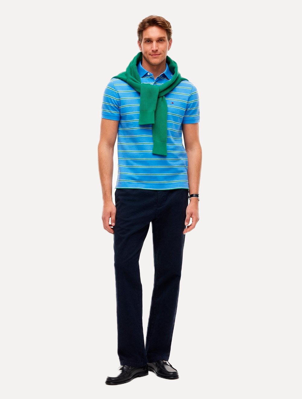 Camisa Polo Tommy Hilfiger Masculina Regular Piquet 1985 Striped Azul/Verde