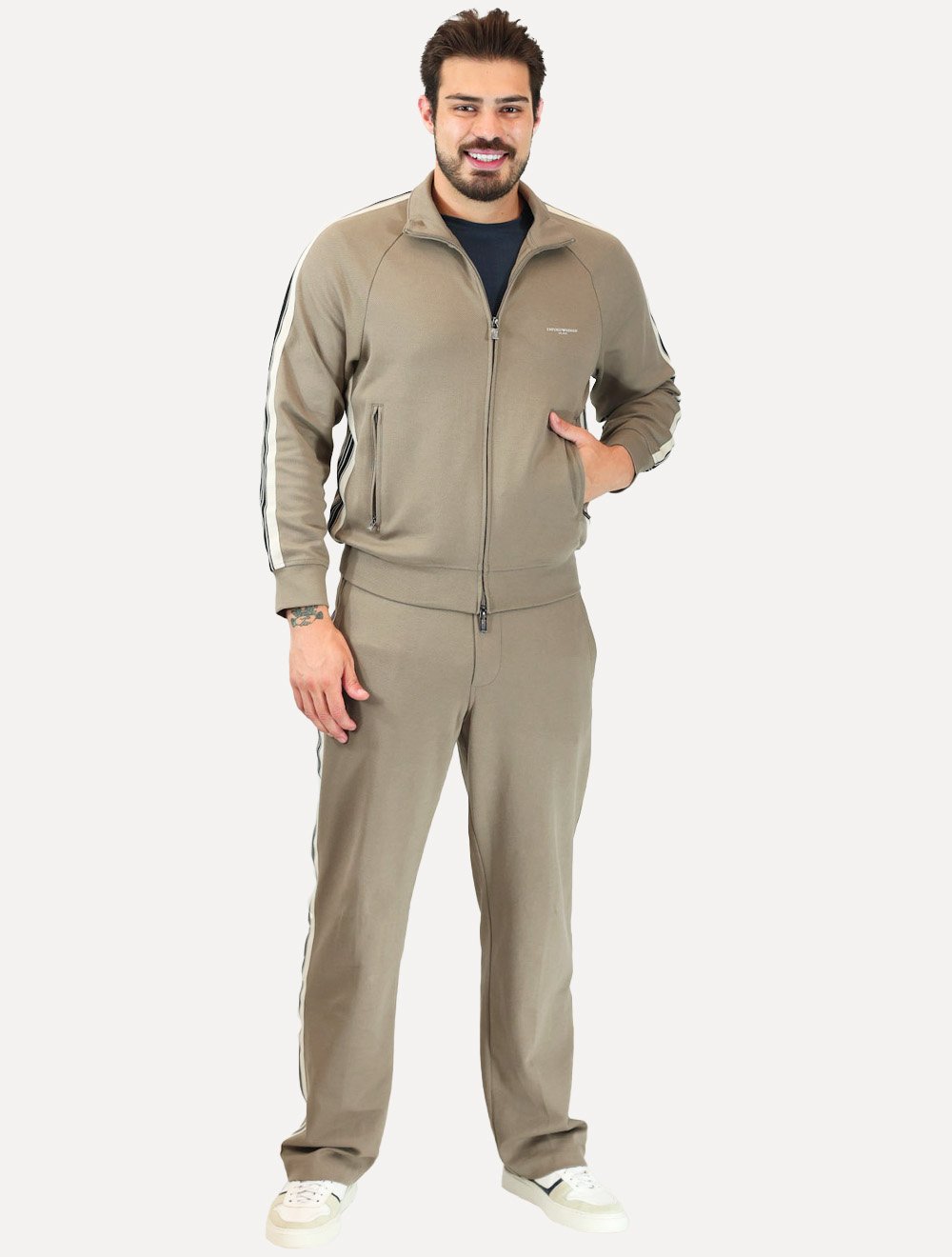 Blusa Moletom Empório Armani Masculina Lã Listra Lateral Full Zip Caqui Escuro