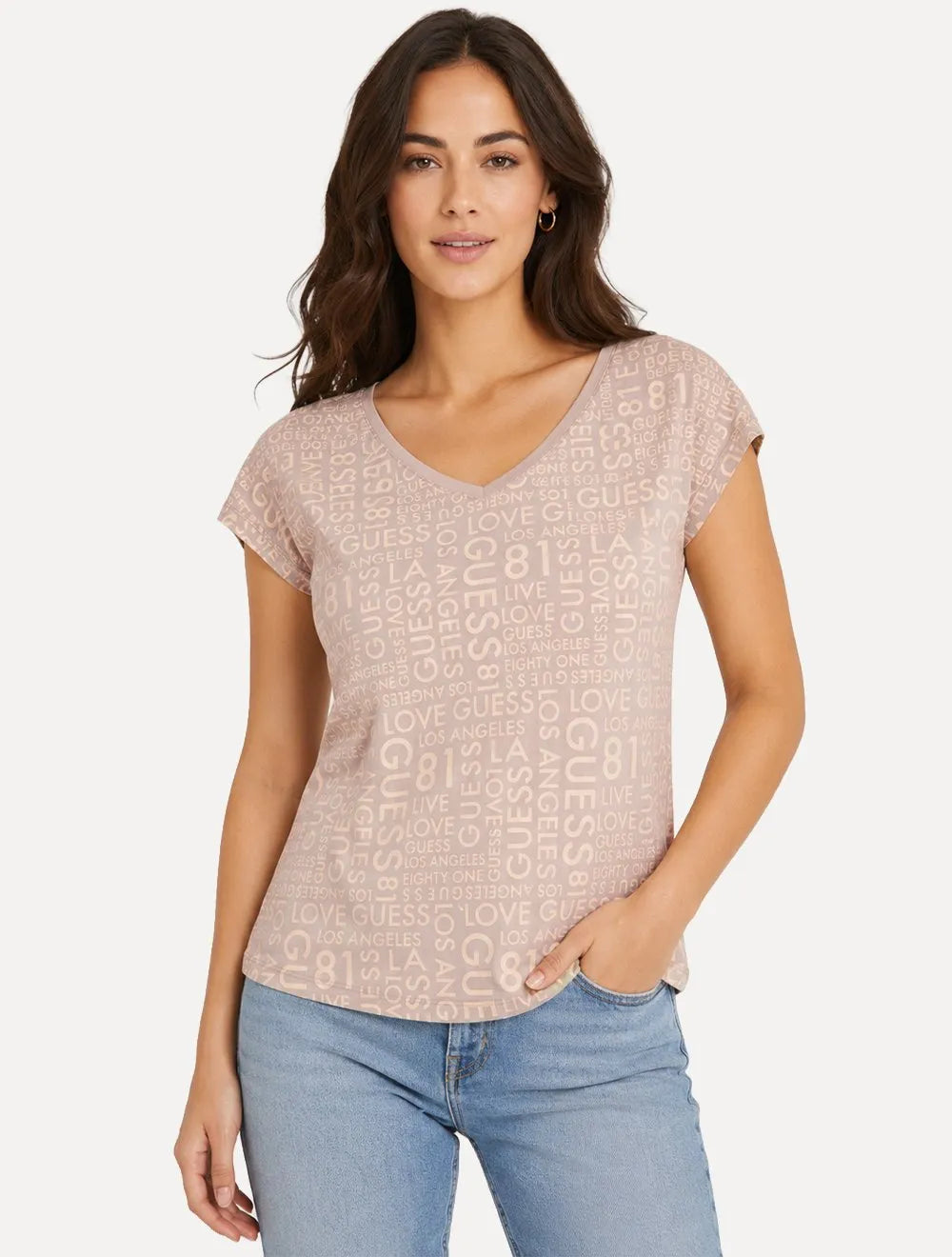 Camiseta Guess Feminina Estampada Gola V Cáqui Claro