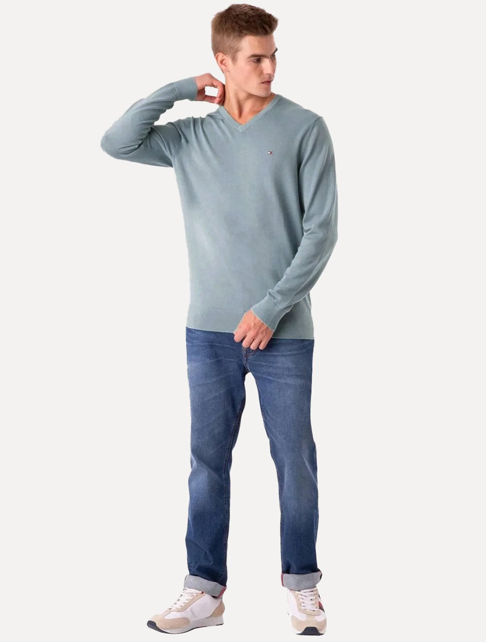 Suéter Tommy Hilfiger Masculino Signature V-Neck Azul Médio