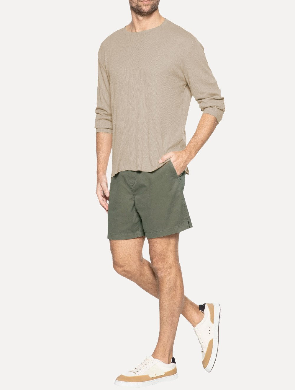 Camiseta Calvin Klein Jeans Masculina Manga Longa Ribana Gola Cáqui Claro