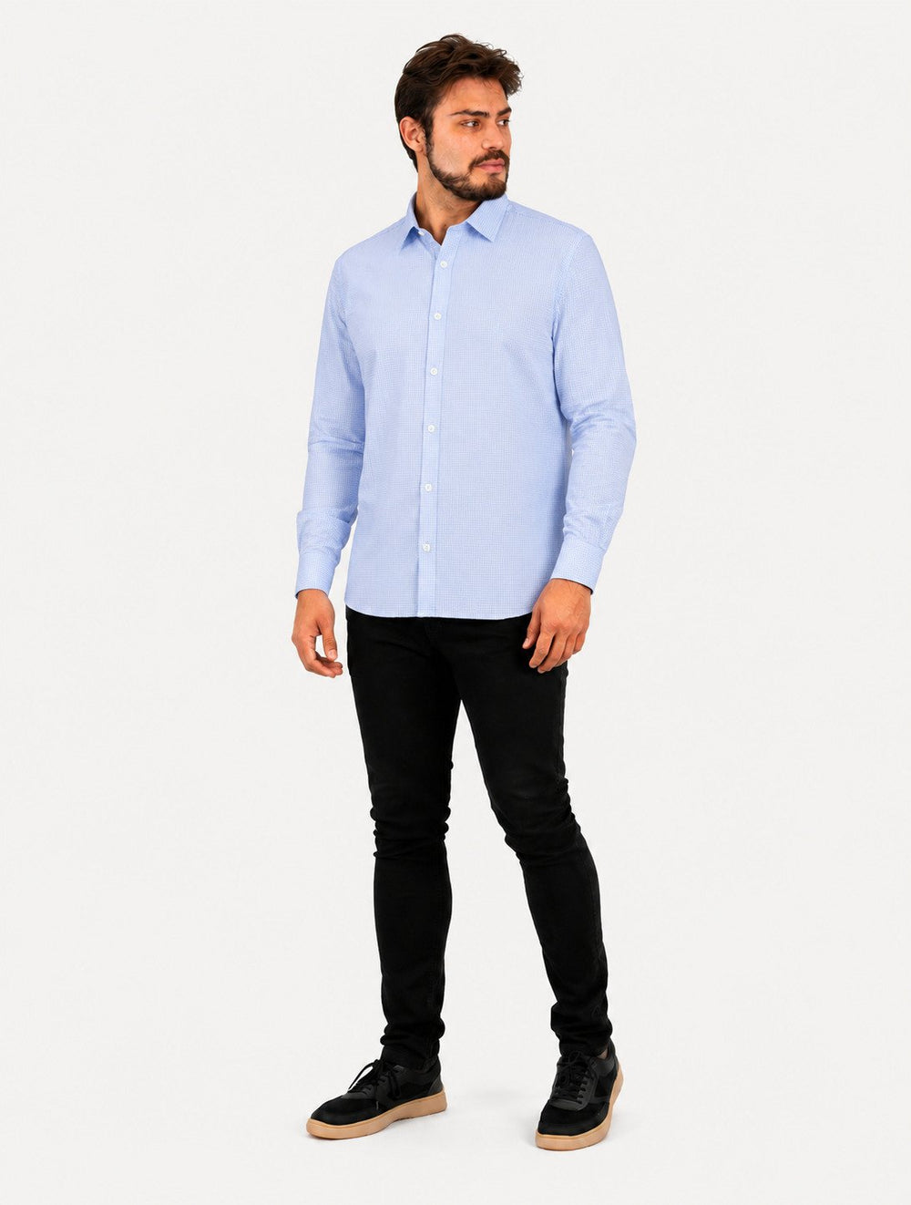 Camisa Dudalina Masculina Superfine Tricoline Quadriculado Mono Logo Milano Azul Claro