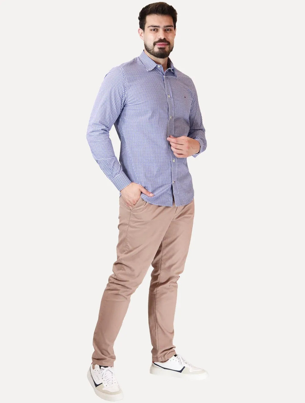 Camisa Tommy Hilfiger Masculina Xadrez Gingham Branca/Azul Médio