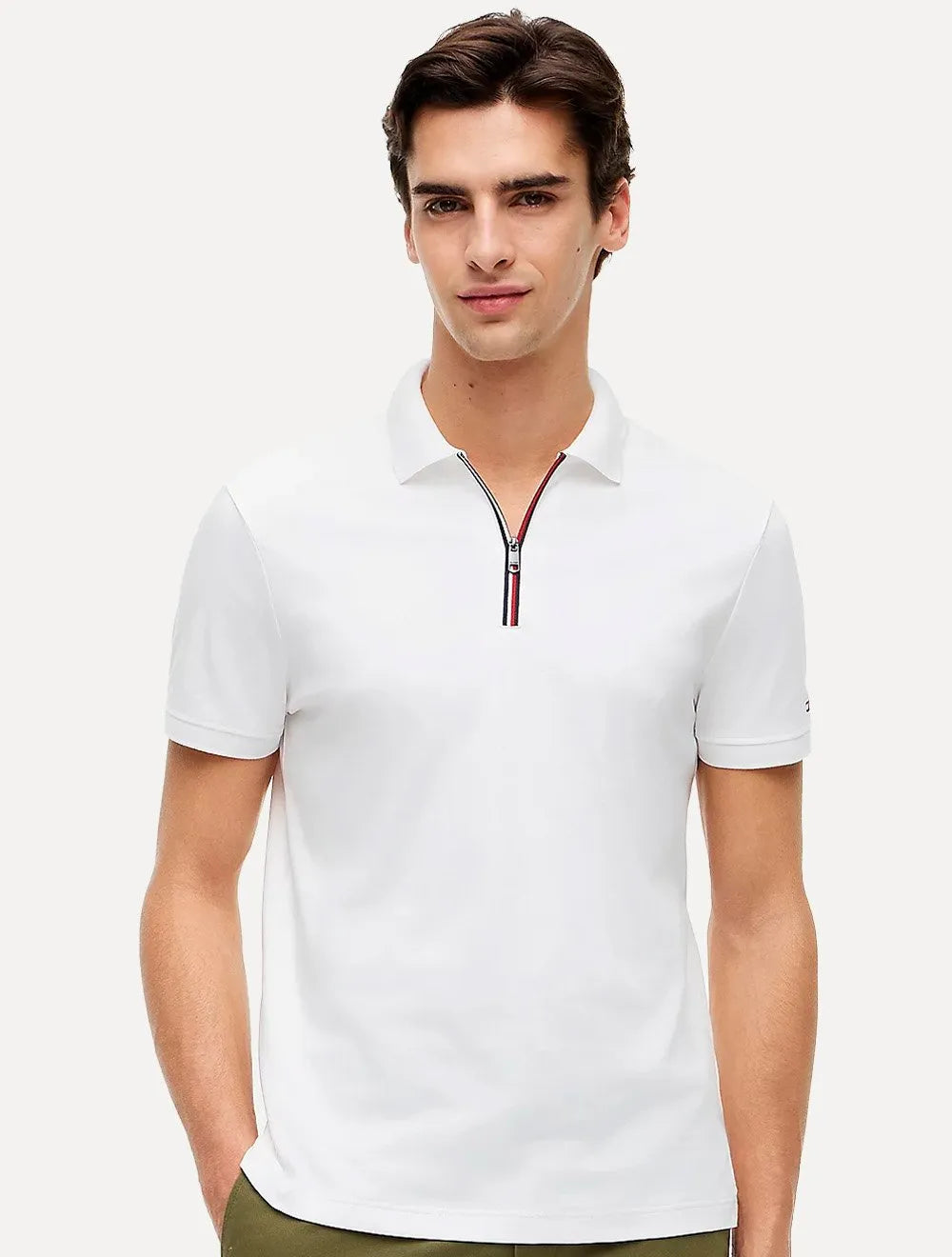 Polo Tommy Hilfiger Masculina Malha Liquid Cotton Zip Branca