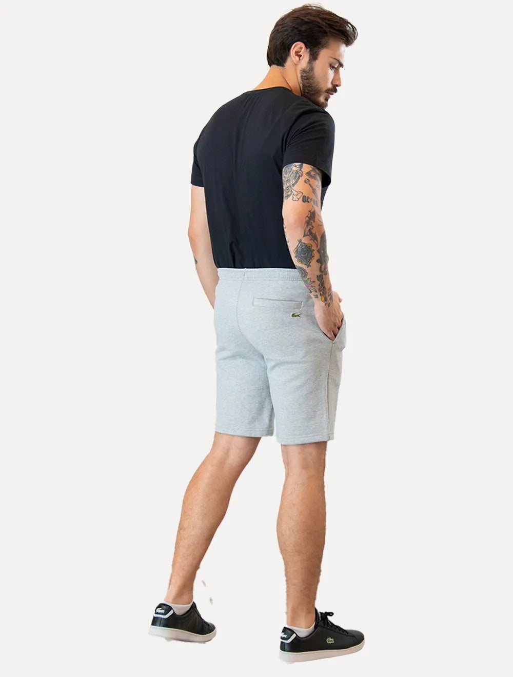 Bermuda Lacoste Moletom Masculina Jogger Logo Vintage Cinza Mescla