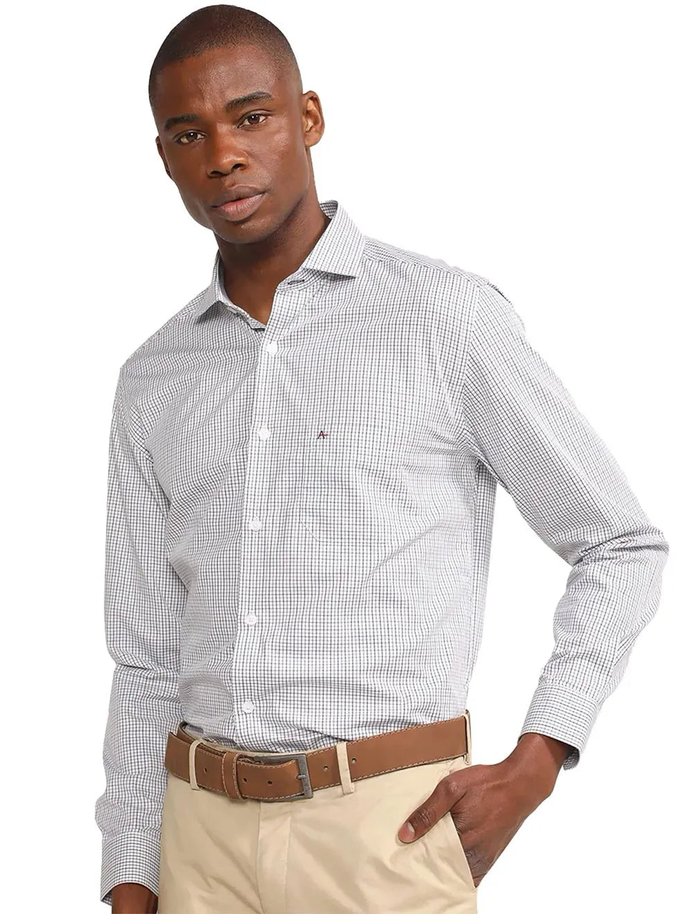 Camisa Aramis Masculina Regular Tricoline Micro Grid Xadrez Azul Preta Branca