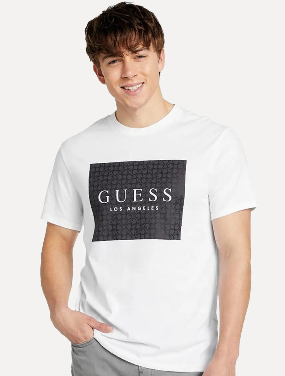 Camiseta Guess Masculina Los Angeles Rubber Logo Block Branca