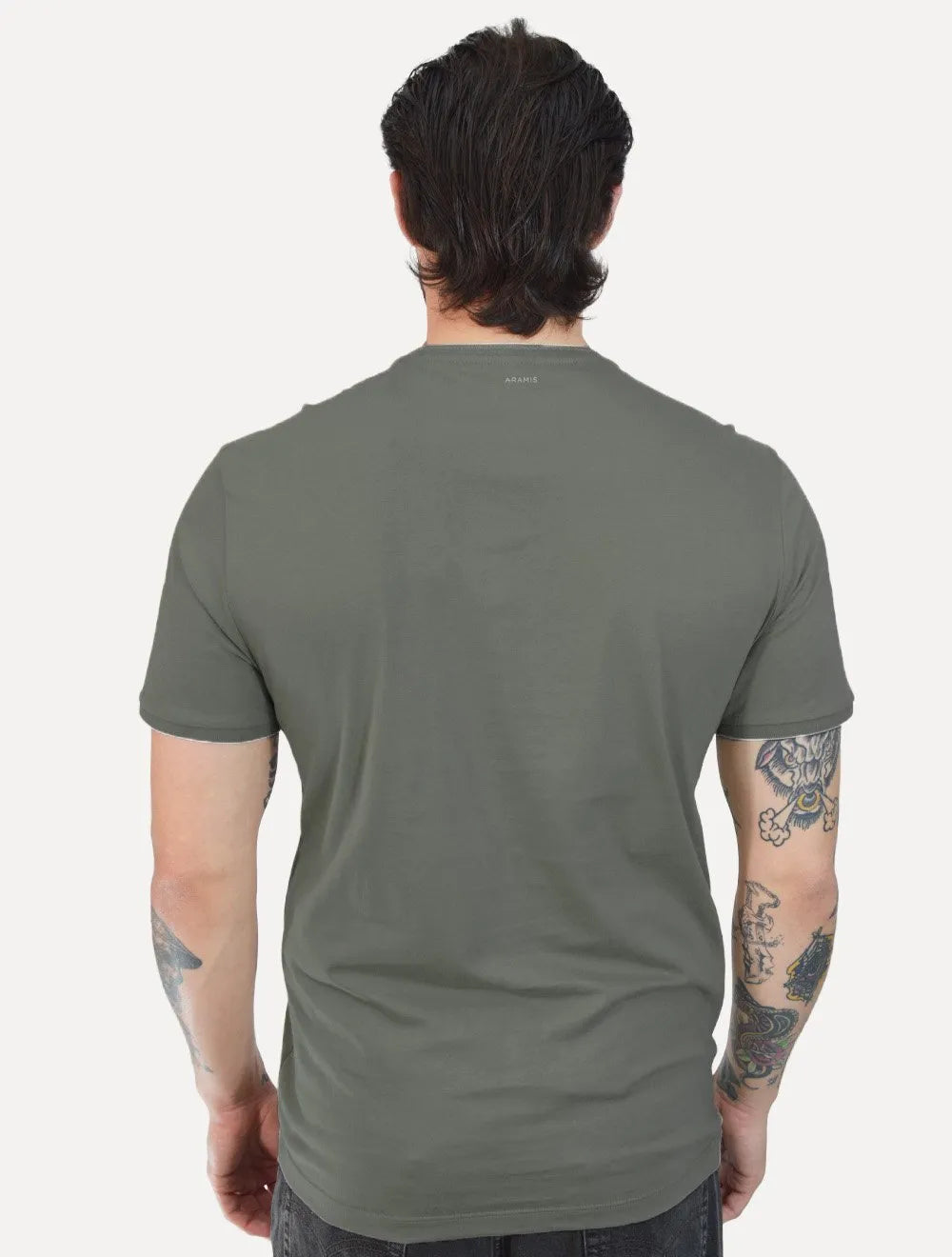 Camiseta Aramis Masculina Grey Friso Gola Logo Verde Opaco