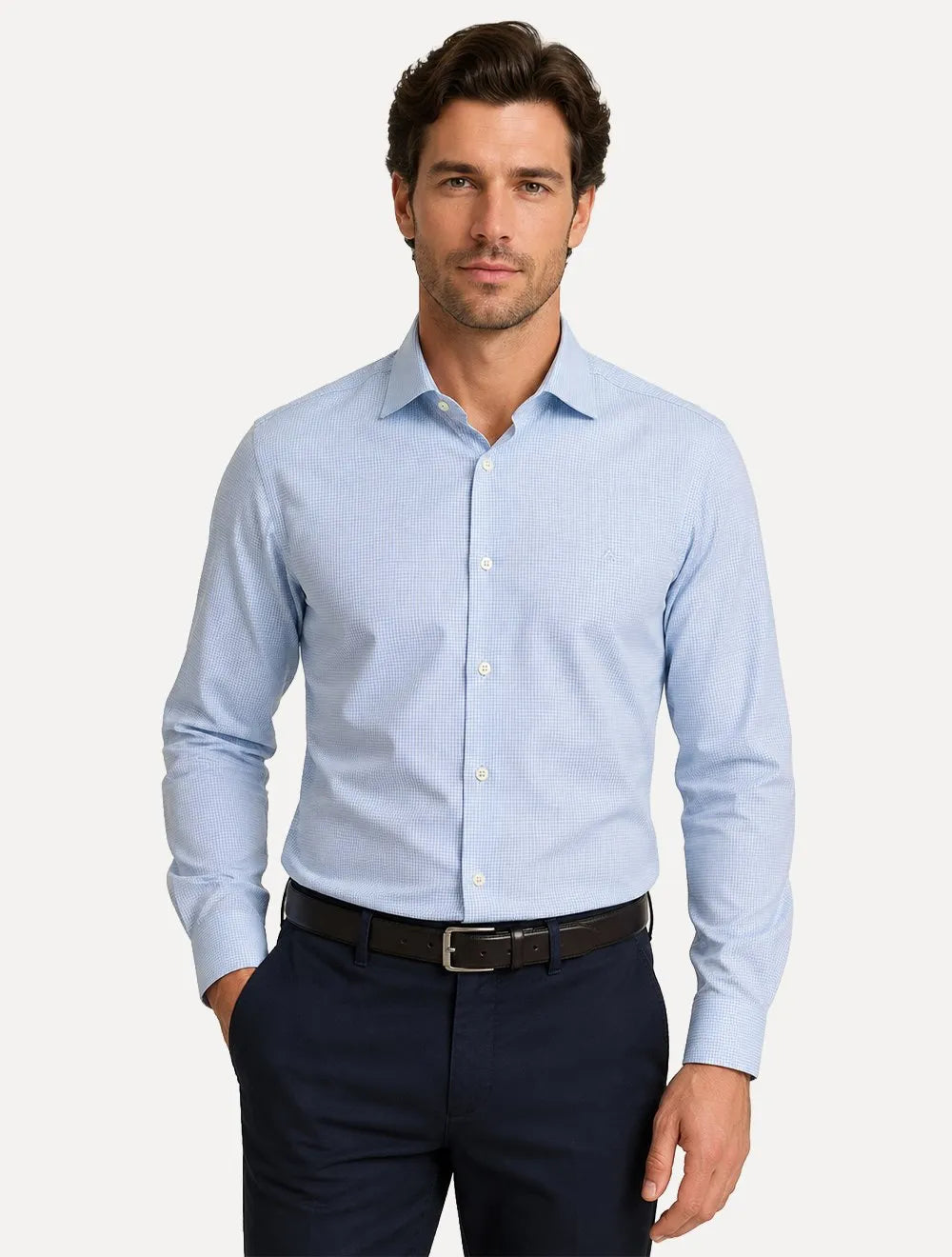 Camisa Aramis Masculina Manga Longa Mini Xadrez Azul Claro/Branco